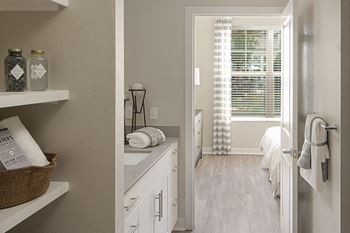 Drift Town Center East bathroom and linen closet